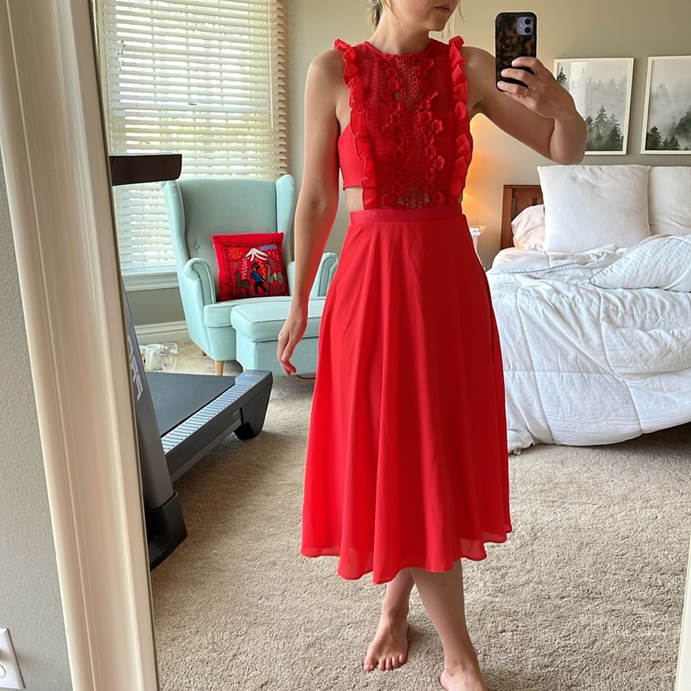 ASOS Lace Jumper Pleated Midi Dress in bright coral